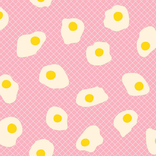 Moda Fabrics Egg and Friends Kimberly Kight Ruby Star Society Fried Eggs Sunny Side Up Posy Pink, playful fabric design with fried egg illustrations on a pink lattice background.
