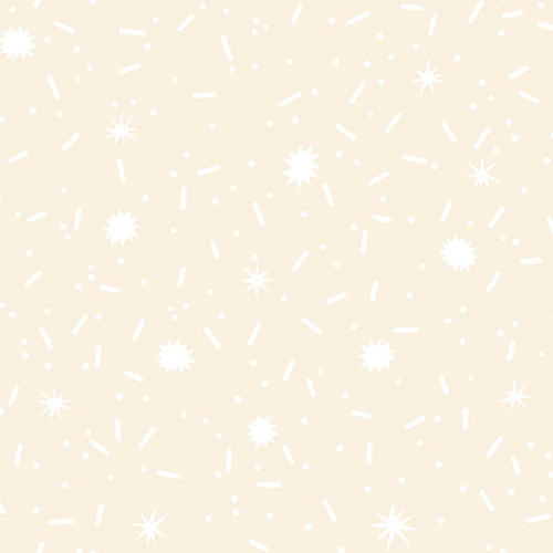 Moda Fabrics Egg and Friends Kimberly Kight Ruby Star Society Sugar Rush Sprinkles Natural Cream, fabric with white sprinkles and starburst patterns on a beige background.