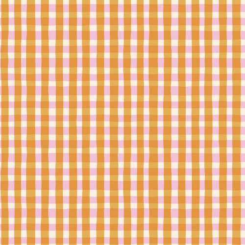 Moda Fabrics Egg and Friends Kimberly Kight Ruby Star Society Tablecloth Check Plaid Honey Orange, a colorful checkered plaid fabric in orange, pink, and cream colors perfect for tablecloths and crafts.