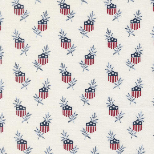 Moda Fabrics American Gatherings Primitive Gatherings Patriotic Star Shield Cloud, fabric featuring patriotic shield design with stars and stripes in red, white, and blue on a white background.