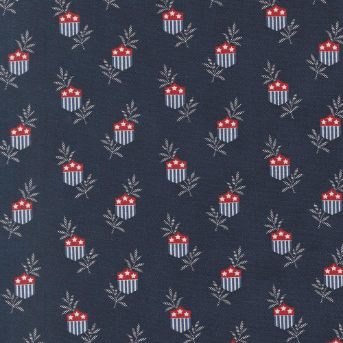 Moda Fabrics American Gatherings Primitive Gatherings Patriotic Star Shield Navy Blue, fabric with a pattern of patriotic shield designs with stars and stripes on a navy blue background.