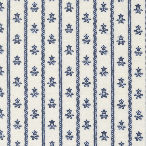 Moda Fabrics American Gatherings Primitive Gatherings Star Floral Stripe Cloud Nautica Blue, blue and white fabric with star and floral stripe pattern.