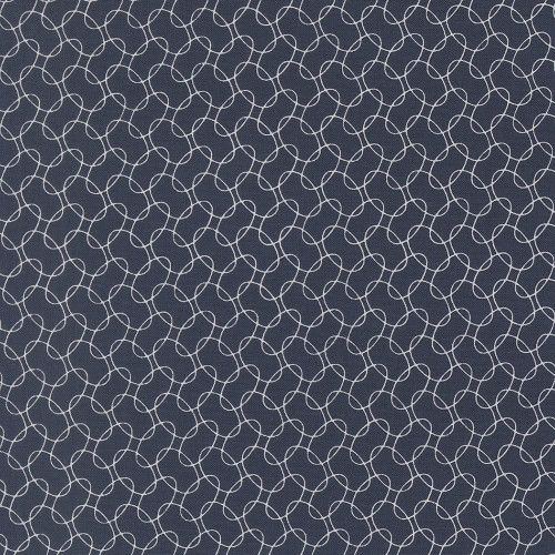 Moda Fabrics American Gatherings Primitive Gatherings Patriotic Knots Intertwine American Blue, a fabric with a navy blue background featuring a white knot pattern design.