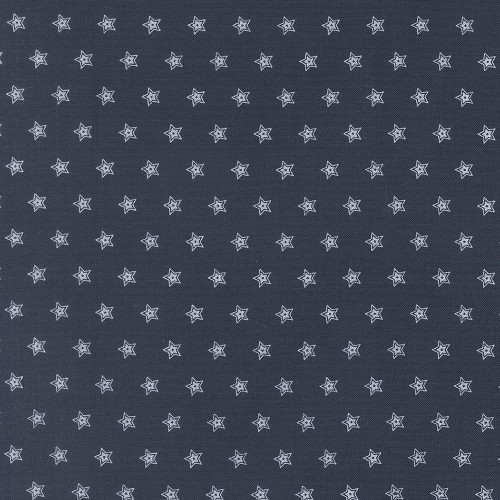 Moda Fabrics American Gatherings Primitive Gatherings Americana Double Star Navy Blue, fabric with a navy blue background and white outlined star pattern.