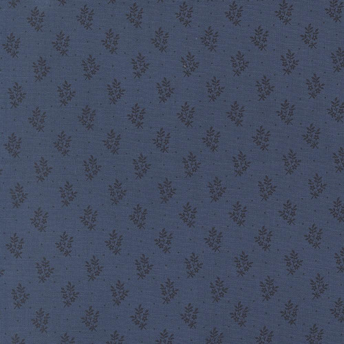 Moda Fabrics American Gatherings Primitive Gatherings Flowers Sprigs Nautical Blue Blue, fabric with a navy blue background featuring small floral sprigs pattern.