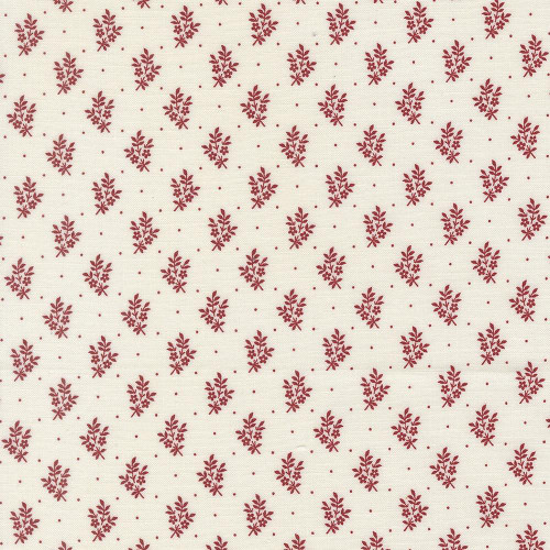 Moda Fabrics American Gatherings Primitive Gatherings Flowers Sprigs Cloud Crimson Red, fabric with a pattern of small crimson red flowers and sprigs on a cream background.