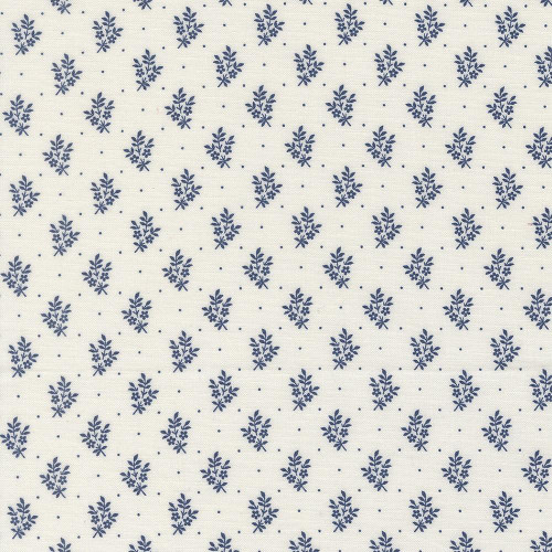 Moda Fabrics American Gatherings Primitive Gatherings Flowers Sprigs Cloud Nautica Blue, fabric with small blue floral sprigs and dots on white background.