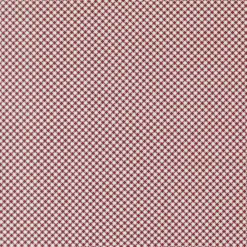 Moda Fabrics American Gatherings Primitive Gatherings Cross Stitch Cloud Crimson Red, detailed view of a fabric with small, evenly spaced cross stitch pattern in crimson red on a light background.