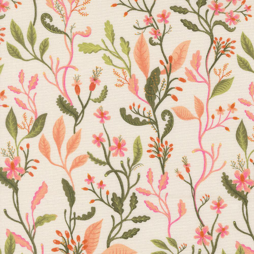 Moda Fabrics Floral Fondant Linn Warme Floral Sprouts Sprigs Cloud Cream, a fabric with a floral pattern featuring pink, green, and orange sprigs and leaves on a cream background.