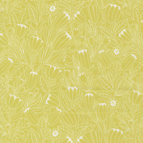 Moda Fabrics Floral Fondant Linn Warme Pen and Ink Floral Collage Citrine Green, fabric with white line-drawn floral pattern on citron green background.