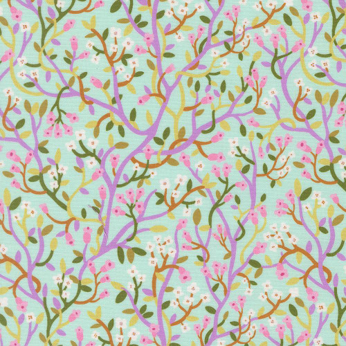 Moda Fabrics Floral Fondant Linn Warme Budding Floral Vine Sky Aqua Blue, a colorful fabric with an intricate pattern of blooming branches, pink buds, green leaves, and purple vines on a light aqua background.