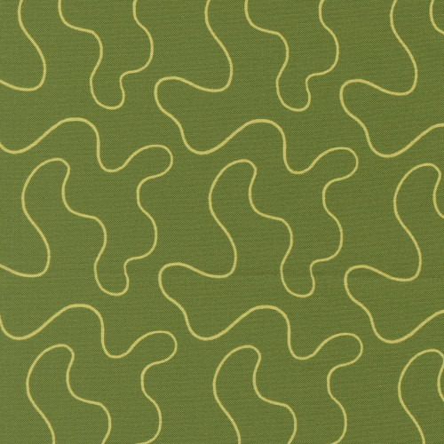 Moda Fabrics Floral Fondant Linn Warme Spiraling Threads Leaf Green, fabric with a leaf green background and yellow spiraling thread pattern.