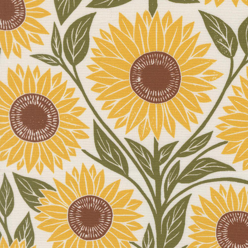 Moda Fabrics Garden Series Katharine Watson Sunflower Floral Cream, close-up of sunflower pattern with yellow petals, brown centers, and green leaves on a cream background.