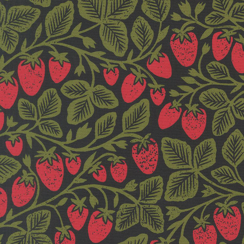 Moda Fabrics Garden Series Katharine Watson Strawberry Novelty Midnight Black, fabric with a pattern of red strawberries, green leaves, and vine details on a black background.