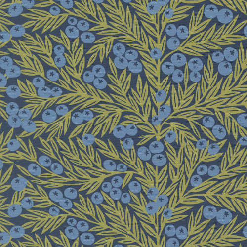 Moda Fabrics Garden Series Katharine Watson Blueberries Novelty Dusk Blue, fabric with a pattern of blueberries and green leaves on a dark blue background.