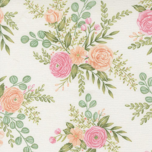 Moda Fabrics Kindness Deb Strain Rose Garden Flowers Dogwood Pink Peach Cream, floral fabric with pink, peach, and cream roses and green leaves.
