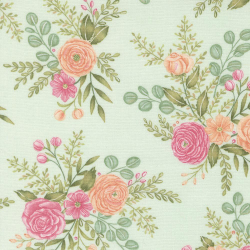 Moda Fabrics Kindness Deb Strain Rose Garden Flowers Mist Green Pink, floral fabric with pink and peach roses, green leaves, and small pink berries on a mist green background.