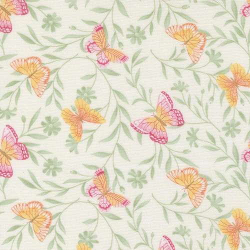 Moda Fabrics Kindness Deb Strain Butterflies Dogwood Pink Peach Cream, floral fabric with pink, peach, yellow butterflies and green foliage.
