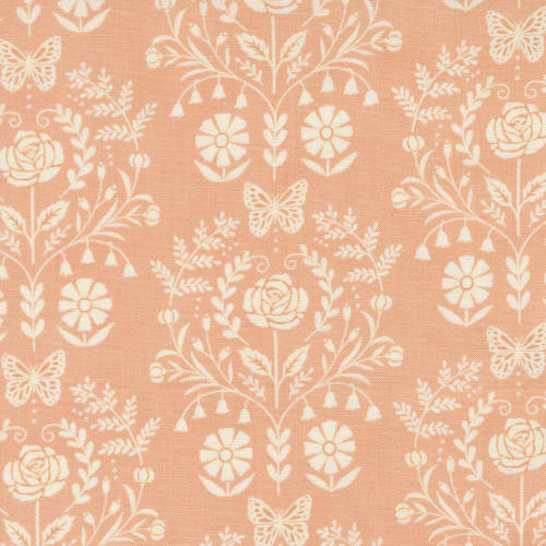 Moda Fabrics Kindness Deb Strain Kindness Frame Damask Coral Pink, fabric featuring a white floral and butterfly pattern on a coral pink background.