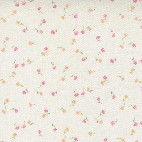 Moda Fabrics Kindness Deb Strain Fluttering Flowers Dogwood Pink Peach Cream, a fabric with small pink and orange flowers with green stems on a cream background.