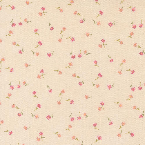 Moda Fabrics Kindness Deb Strain Fluttering Flowers Peach Pink Orange, floral fabric with small pink and peach flowers and green leaves on a light background.