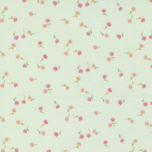 Moda Fabrics Kindness Deb Strain Fluttering Flowers Mist Green Pink, fabric with a delicate pink and orange floral pattern on a light green background.