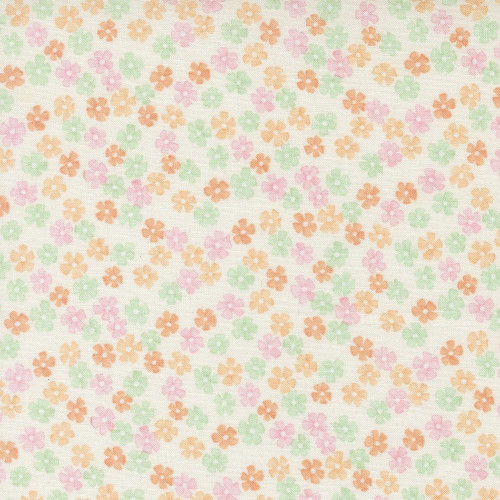 Moda Fabrics Kindness Deb Strain Daisy Chain Floral Dogwood Pink Peach Cream, pastel floral fabric pattern with small pink, peach, green, and cream flowers.