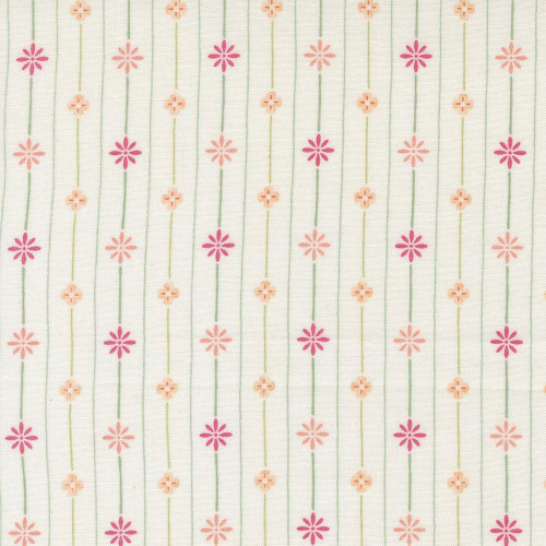 Moda Fabrics Kindness Deb Strain Petals In The Wind Floral Stripe Dogwood Pink Peach Cream, fabric with pink and peach floral stripes on a cream background.