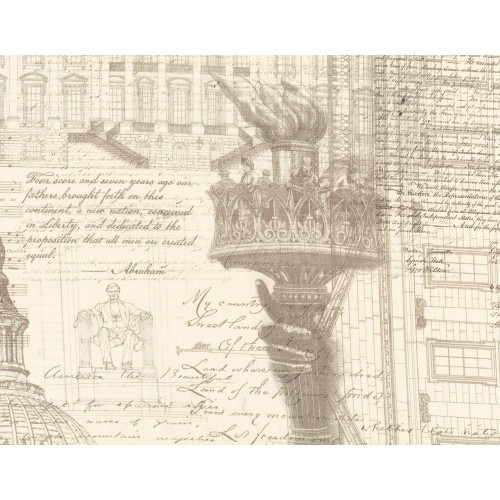 Moda Fabrics Patriotic Americana Collage 108 Inch Wide Quilt Back, vintage-style collage with historical American symbols, sketches, and handwritten text.