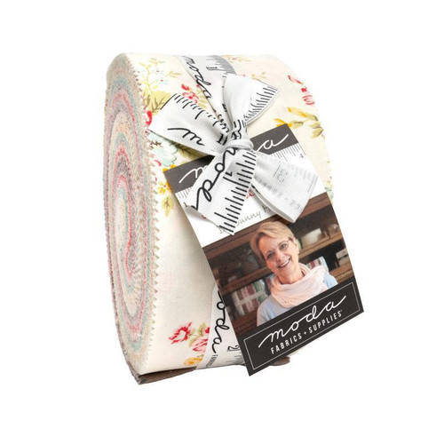 Moda Fabrics Lyda Rose Bunny Hill Designs Jelly Roll Strips 40 2.5 by 44 inches, fabric roll with floral and rose pattern, wrapped with a ribbon and product label.