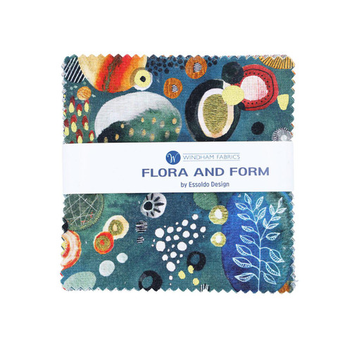 Windham Fabrics Flora & Form Essoldo Design Charm Squares Five Inch Squares, colorful artistic fabric with abstract floral and geometric patterns.