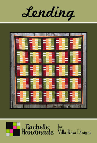 Villa Rosa Designs Lending Quilt Pattern, colorful quilt pattern with stripes in red, orange, yellow, and green, arranged in a grid with black borders and a decorative orange edge.