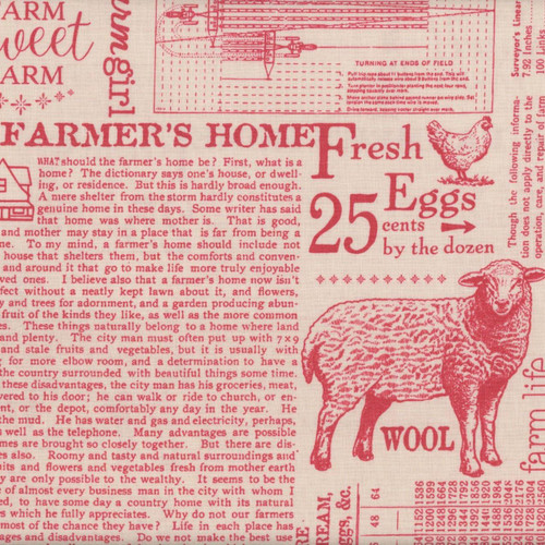 Riley Blake Fabrics Farmer's Daughter by Lori Holt Farm Life Background Tea Rose, vintage style fabric with pink printed text and illustrations of a sheep and chicken on a beige background.