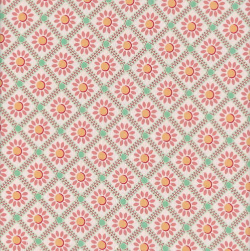 Riley Blake Fabrics Farmer's Daughter by Lori Holt 108 Inch Wide Quilt Back Sunflower Sage Green, floral fabric with pink flowers and yellow centers on a sage green background.