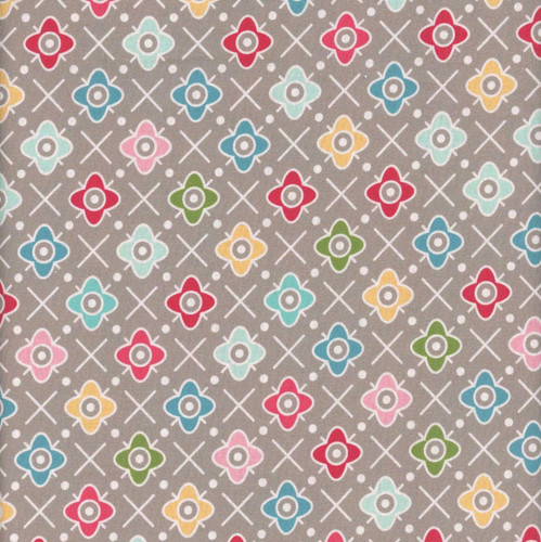 Riley Blake Fabrics Farmer's Daughter by Lori Holt 107/108" Wide Back Flower Patch Rustic fabric with colorful floral pattern on a grey background.