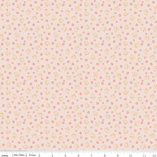 Riley Blake Fabrics Farmer's Daughter by Lori Holt Baby Chicks Background Coral Pink