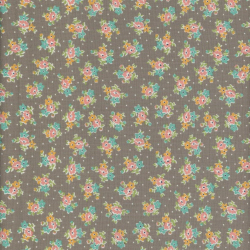 Riley Blake Fabrics Farmer's Daughter by Lori Holt Bouquet Rustic Brown, fabric with a floral pattern of small pink, yellow, and turquoise flowers with green leaves on a rustic brown background.
