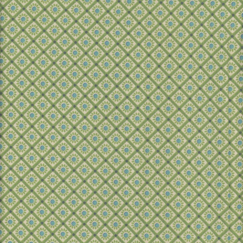 Riley Blake Fabrics Farmer's Daughter by Lori Holt Sunflower Thyme Green, fabric with a geometric pattern of green squares and blue flowers.