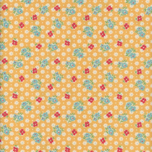 Riley Blake Fabrics Farmer's Daughter by Lori Holt Feedsack Marigold Yellow, close-up of floral fabric with small white, red, and blue flowers on a yellow background.