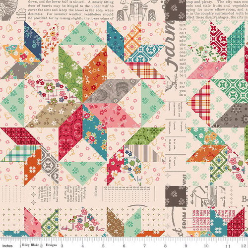 Riley Blake Fabrics Farmer's Daughter by Lori Holt 57/58 inch home decor multi fabric, featuring a colorful patchwork quilt pattern with various floral, geometric, and checked designs on a background of vintage newspaper print.