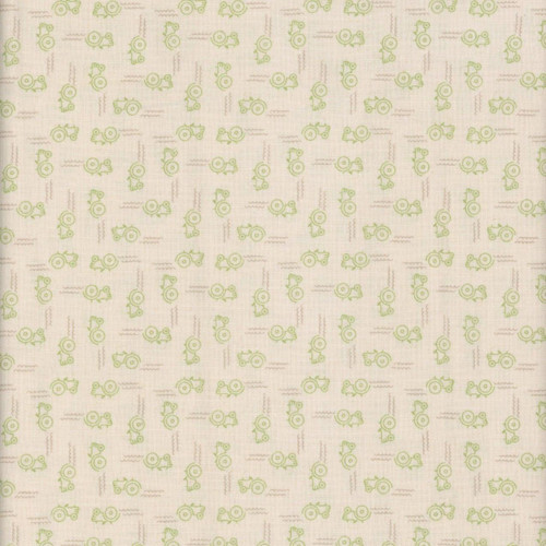 Riley Blake Fabrics Farmer's Daughter by Lori Holt Tractors Background Thyme Green, fabric with a repeating pattern of small green tractor outlines on a beige background.
