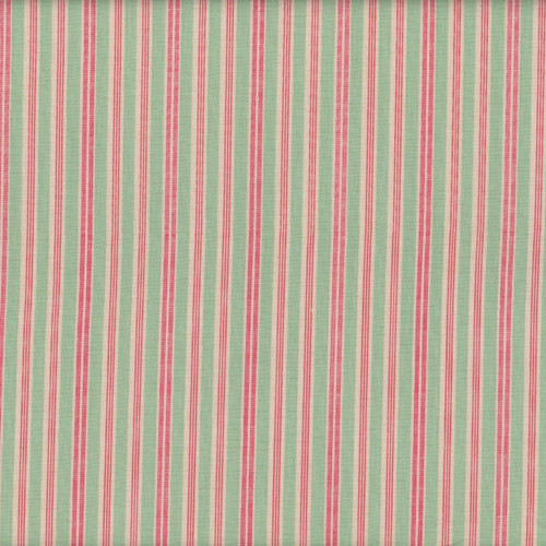 Riley Blake Fabrics Farmer's Daughter by Lori Holt Ticking Sage Green, fabric with pink and green vertical stripes.