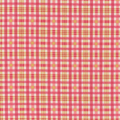 Riley Blake Fabrics Farmer's Daughter by Lori Holt Plaid Tea Rose Pink, a fabric featuring a pink, yellow, and white plaid pattern with small floral clusters.
