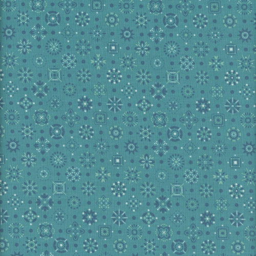 Riley Blake Fabrics Farmer's Daughter by Lori Holt Handmade Raindrop Blue, fabric pattern featuring small, intricate raindrop and geometric floral designs in shades of blue and white