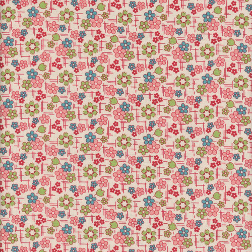 Riley Blake Fabrics Farmer's Daughter by Lori Holt Floral Coral Pink, a colorful floral and geometric pattern on fabric.