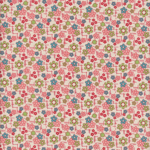 Riley Blake Fabrics Farmer's Daughter by Lori Holt Daisy Coral Pink, floral fabric pattern with pink, red, blue, and green flowers and leaves on a light pink background.