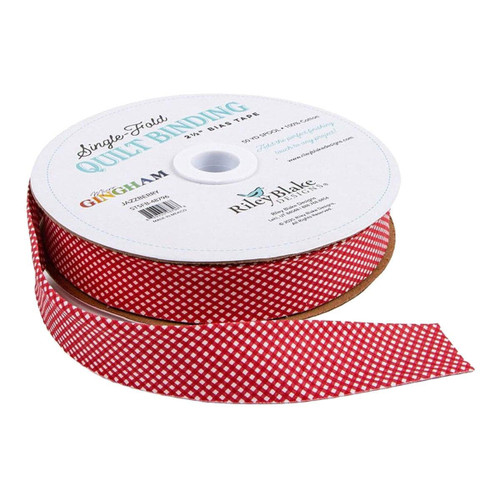 Riley Blake Fabrics Single Fold Quilt Binding Jazzberry Red Micro Gingham Check, spool of red and white small checkered fabric binding for quilting projects.