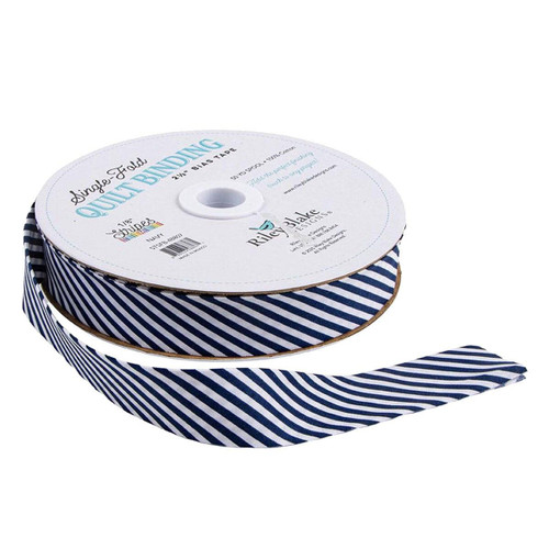 Riley Blake Fabrics Single Fold Quilt Binding Navy Blue 1/8 Inch Stripe, navy blue and white striped fabric roll for quilting projects.