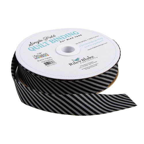 Riley Blake Fabrics Single Fold Quilt Binding Tonal Black 1/8 Inch Stripe, black and grey striped quilt binding reel with the product label.