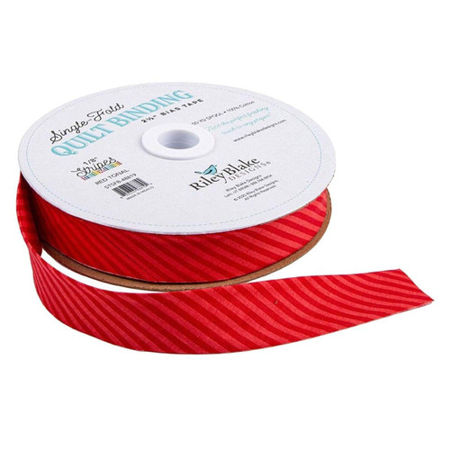 Riley Blake Fabrics Single Fold Quilt Binding Tonal Red 1/8 Inch Stripe, red and tonal stripe quilt binding reel with a section unwound.